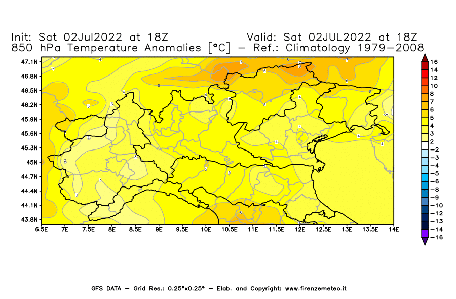 GFS analysi map - Temperature Anomalies [°C] at 850 hPa in Northern Italy
									on 02/07/2022 18 <!--googleoff: index-->UTC<!--googleon: index-->