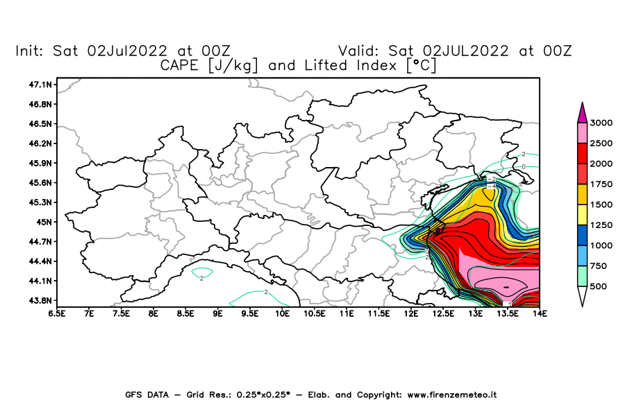 GFS analysi map - CAPE [J/kg] and Lifted Index [°C] in Northern Italy
									on 02/07/2022 00 <!--googleoff: index-->UTC<!--googleon: index-->