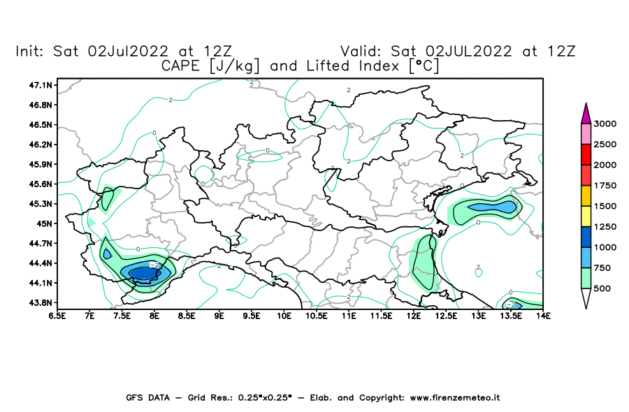 GFS analysi map - CAPE [J/kg] and Lifted Index [°C] in Northern Italy
									on 02/07/2022 12 <!--googleoff: index-->UTC<!--googleon: index-->