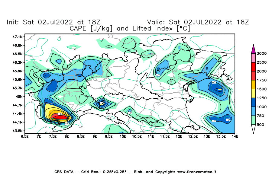GFS analysi map - CAPE [J/kg] and Lifted Index [°C] in Northern Italy
									on 02/07/2022 18 <!--googleoff: index-->UTC<!--googleon: index-->