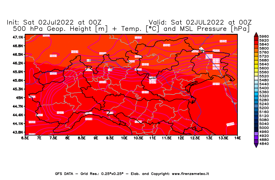 GFS analysi map - Geopotential [m] + Temp. [°C] at 500 hPa + Sea Level Pressure [hPa] in Northern Italy
									on 02/07/2022 00 <!--googleoff: index-->UTC<!--googleon: index-->