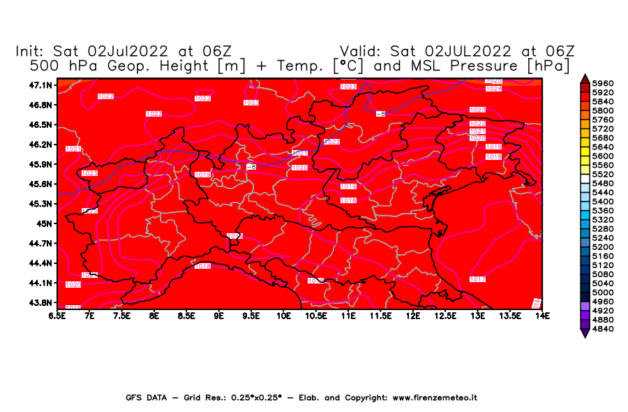 GFS analysi map - Geopotential [m] + Temp. [°C] at 500 hPa + Sea Level Pressure [hPa] in Northern Italy
									on 02/07/2022 06 <!--googleoff: index-->UTC<!--googleon: index-->