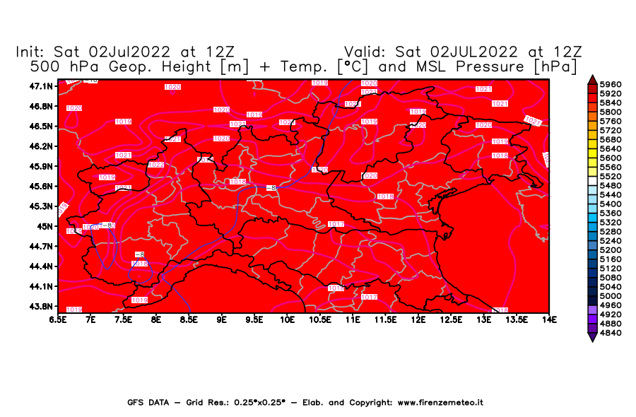 GFS analysi map - Geopotential [m] + Temp. [°C] at 500 hPa + Sea Level Pressure [hPa] in Northern Italy
									on 02/07/2022 12 <!--googleoff: index-->UTC<!--googleon: index-->