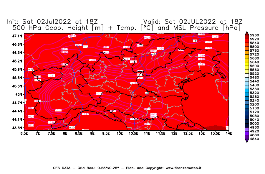 GFS analysi map - Geopotential [m] + Temp. [°C] at 500 hPa + Sea Level Pressure [hPa] in Northern Italy
									on 02/07/2022 18 <!--googleoff: index-->UTC<!--googleon: index-->