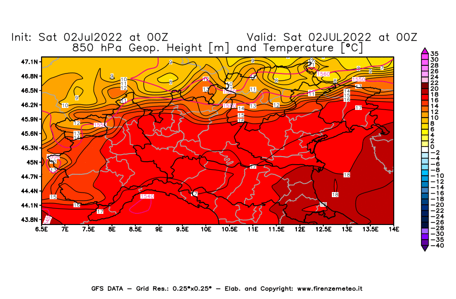 GFS analysi map - Geopotential [m] and Temperature [°C] at 850 hPa in Northern Italy
									on 02/07/2022 00 <!--googleoff: index-->UTC<!--googleon: index-->