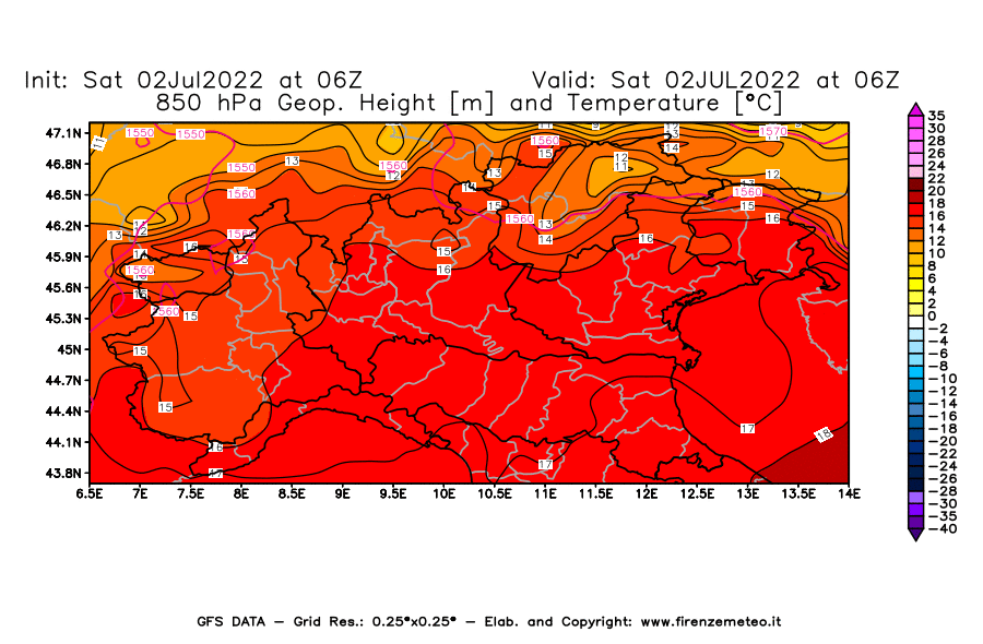 GFS analysi map - Geopotential [m] and Temperature [°C] at 850 hPa in Northern Italy
									on 02/07/2022 06 <!--googleoff: index-->UTC<!--googleon: index-->