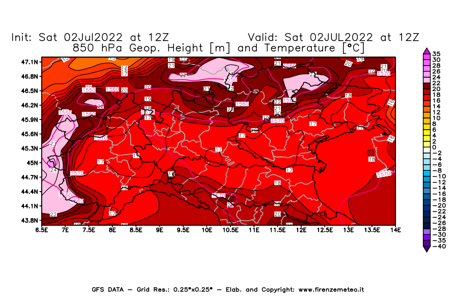 GFS analysi map - Geopotential [m] and Temperature [°C] at 850 hPa in Northern Italy
									on 02/07/2022 12 <!--googleoff: index-->UTC<!--googleon: index-->