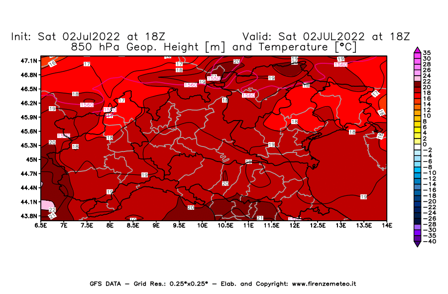 GFS analysi map - Geopotential [m] and Temperature [°C] at 850 hPa in Northern Italy
									on 02/07/2022 18 <!--googleoff: index-->UTC<!--googleon: index-->
