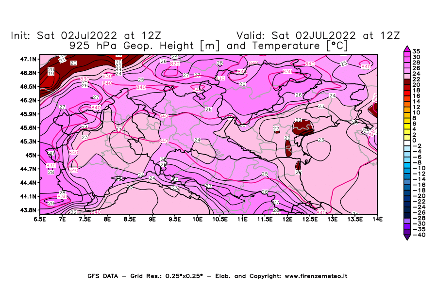 GFS analysi map - Geopotential [m] and Temperature [°C] at 925 hPa in Northern Italy
									on 02/07/2022 12 <!--googleoff: index-->UTC<!--googleon: index-->