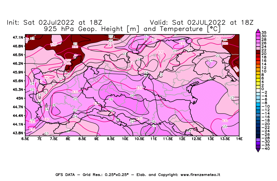 GFS analysi map - Geopotential [m] and Temperature [°C] at 925 hPa in Northern Italy
									on 02/07/2022 18 <!--googleoff: index-->UTC<!--googleon: index-->