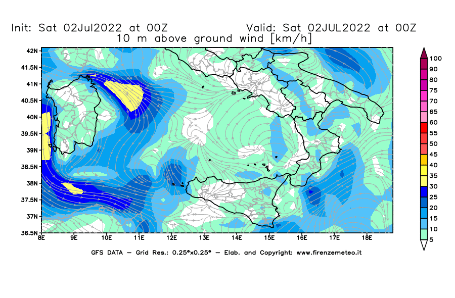 GFS analysi map - Wind Speed at 10 m above ground [km/h] in Southern Italy
									on 02/07/2022 00 <!--googleoff: index-->UTC<!--googleon: index-->