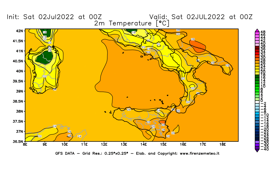 GFS analysi map - Temperature at 2 m above ground [°C] in Southern Italy
									on 02/07/2022 00 <!--googleoff: index-->UTC<!--googleon: index-->