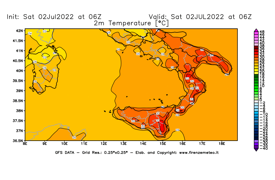 GFS analysi map - Temperature at 2 m above ground [°C] in Southern Italy
									on 02/07/2022 06 <!--googleoff: index-->UTC<!--googleon: index-->