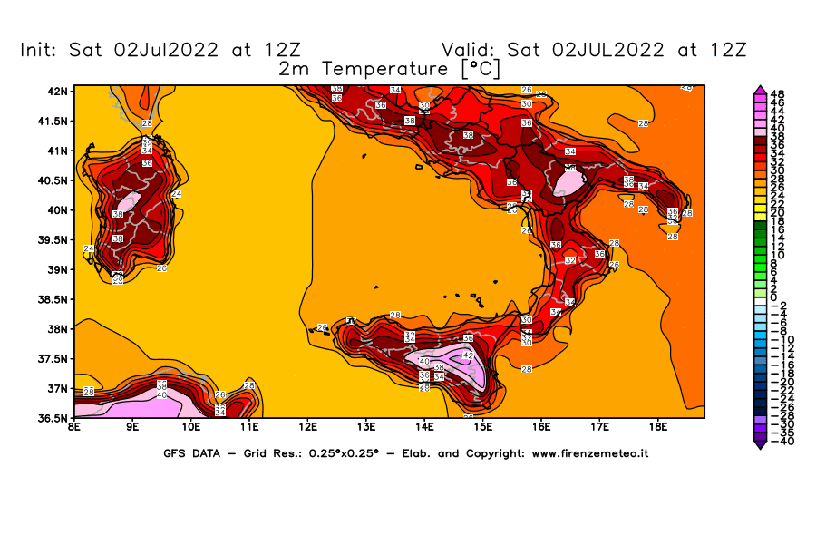 GFS analysi map - Temperature at 2 m above ground [°C] in Southern Italy
									on 02/07/2022 12 <!--googleoff: index-->UTC<!--googleon: index-->