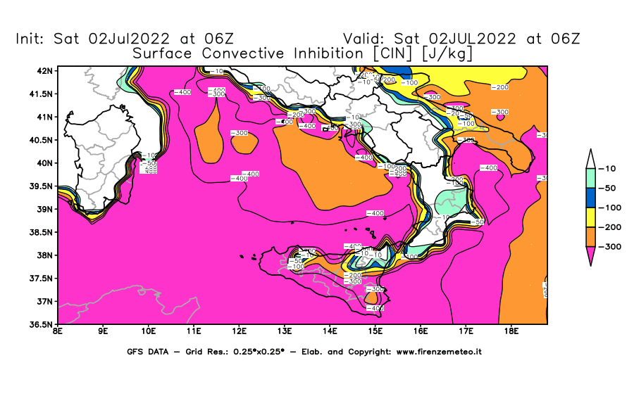 GFS analysi map - CIN [J/kg] in Southern Italy
									on 02/07/2022 06 <!--googleoff: index-->UTC<!--googleon: index-->