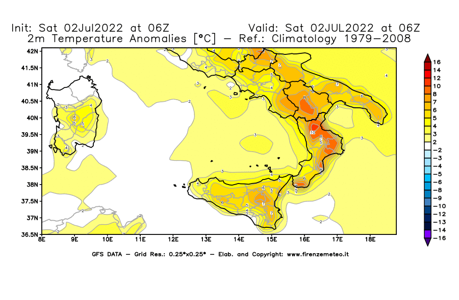 GFS analysi map - Temperature Anomalies [°C] at 2 m in Southern Italy
									on 02/07/2022 06 <!--googleoff: index-->UTC<!--googleon: index-->