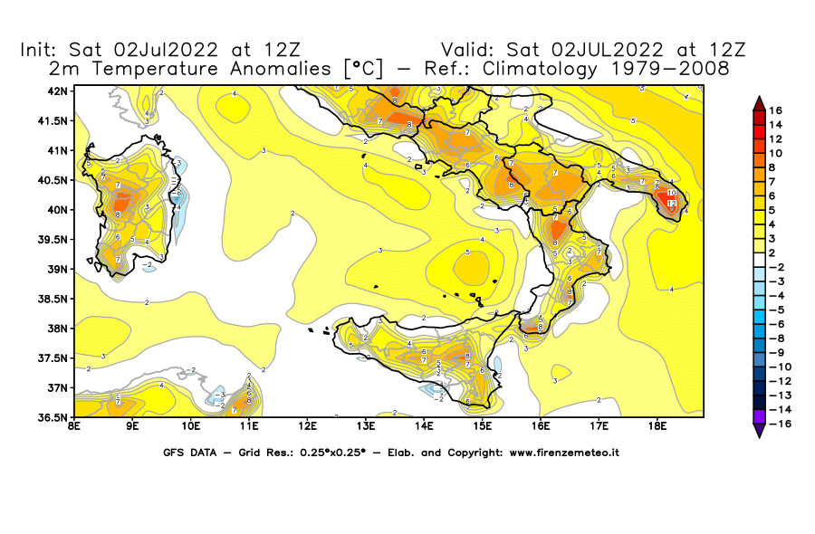 GFS analysi map - Temperature Anomalies [°C] at 2 m in Southern Italy
									on 02/07/2022 12 <!--googleoff: index-->UTC<!--googleon: index-->