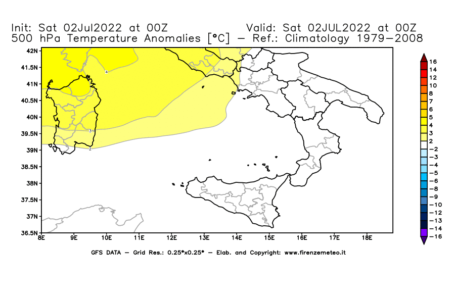GFS analysi map - Temperature Anomalies [°C] at 500 hPa in Southern Italy
									on 02/07/2022 00 <!--googleoff: index-->UTC<!--googleon: index-->