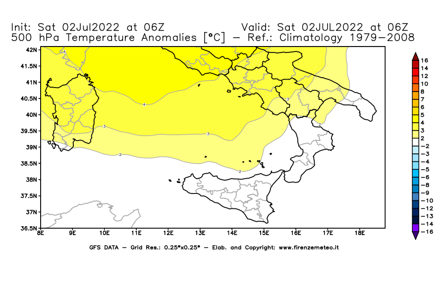 GFS analysi map - Temperature Anomalies [°C] at 500 hPa in Southern Italy
									on 02/07/2022 06 <!--googleoff: index-->UTC<!--googleon: index-->