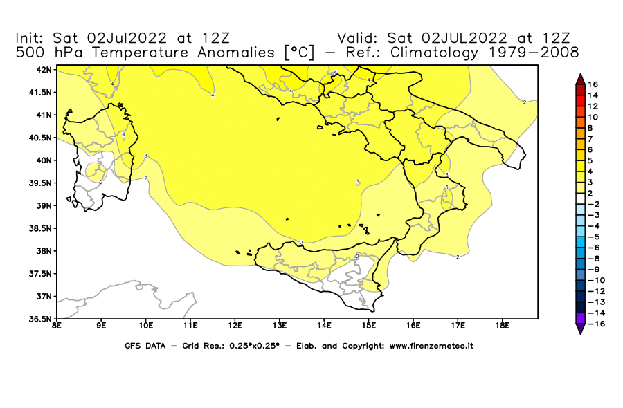GFS analysi map - Temperature Anomalies [°C] at 500 hPa in Southern Italy
									on 02/07/2022 12 <!--googleoff: index-->UTC<!--googleon: index-->