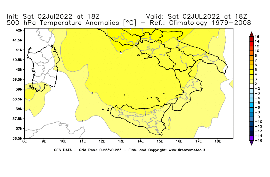 GFS analysi map - Temperature Anomalies [°C] at 500 hPa in Southern Italy
									on 02/07/2022 18 <!--googleoff: index-->UTC<!--googleon: index-->