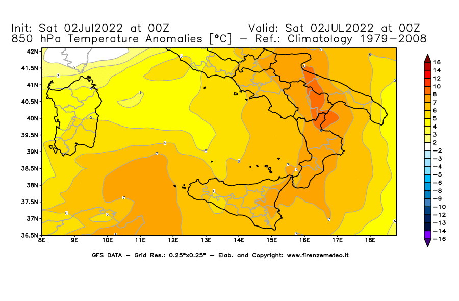 GFS analysi map - Temperature Anomalies [°C] at 850 hPa in Southern Italy
									on 02/07/2022 00 <!--googleoff: index-->UTC<!--googleon: index-->