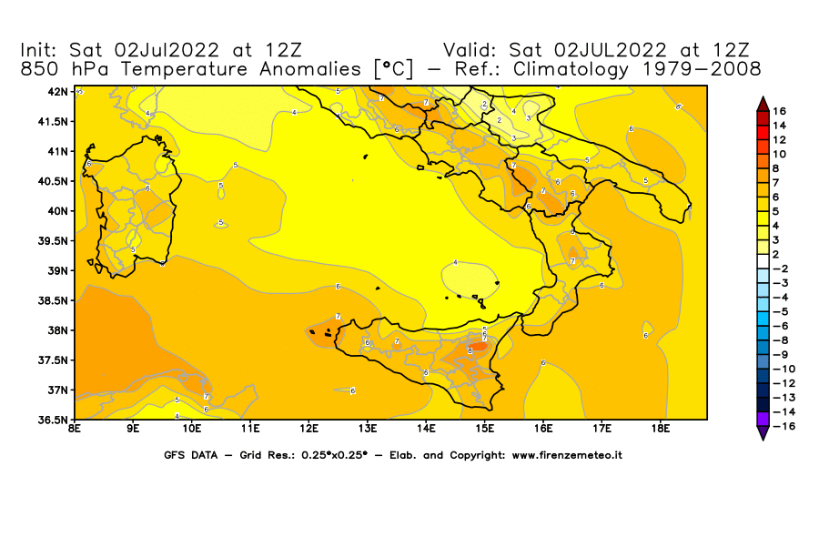 GFS analysi map - Temperature Anomalies [°C] at 850 hPa in Southern Italy
									on 02/07/2022 12 <!--googleoff: index-->UTC<!--googleon: index-->