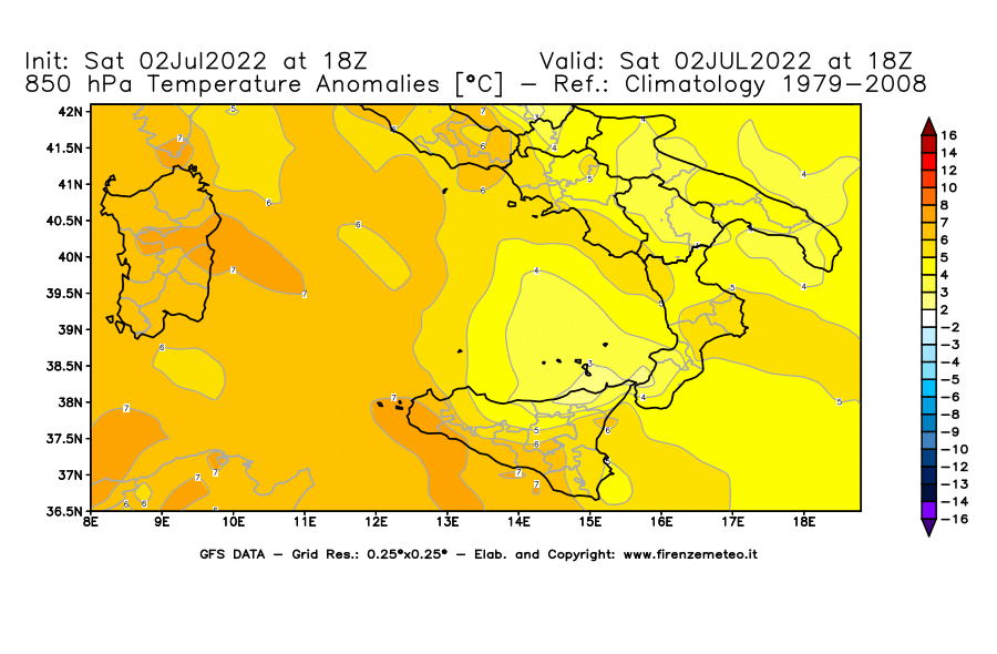 GFS analysi map - Temperature Anomalies [°C] at 850 hPa in Southern Italy
									on 02/07/2022 18 <!--googleoff: index-->UTC<!--googleon: index-->