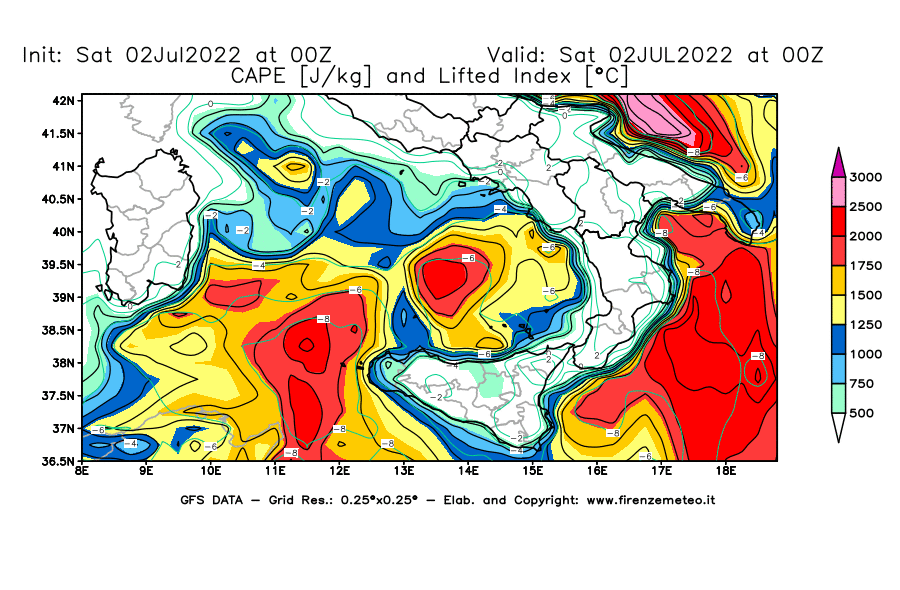 GFS analysi map - CAPE [J/kg] and Lifted Index [°C] in Southern Italy
									on 02/07/2022 00 <!--googleoff: index-->UTC<!--googleon: index-->