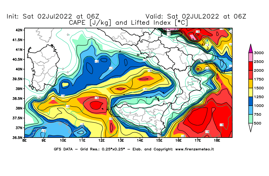 GFS analysi map - CAPE [J/kg] and Lifted Index [°C] in Southern Italy
									on 02/07/2022 06 <!--googleoff: index-->UTC<!--googleon: index-->
