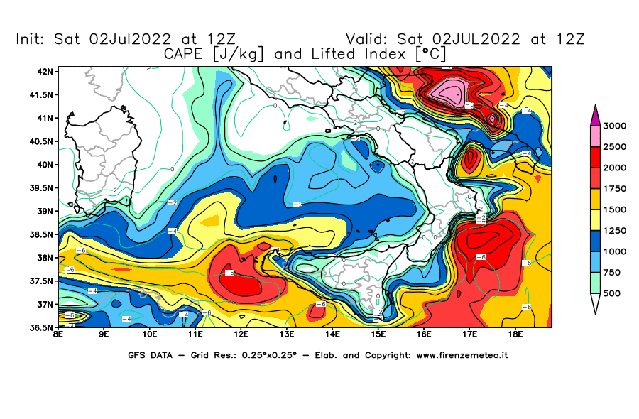 GFS analysi map - CAPE [J/kg] and Lifted Index [°C] in Southern Italy
									on 02/07/2022 12 <!--googleoff: index-->UTC<!--googleon: index-->