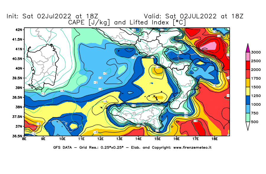GFS analysi map - CAPE [J/kg] and Lifted Index [°C] in Southern Italy
									on 02/07/2022 18 <!--googleoff: index-->UTC<!--googleon: index-->