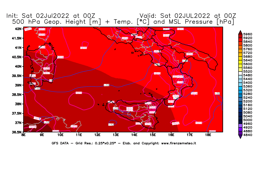 GFS analysi map - Geopotential [m] + Temp. [°C] at 500 hPa + Sea Level Pressure [hPa] in Southern Italy
									on 02/07/2022 00 <!--googleoff: index-->UTC<!--googleon: index-->