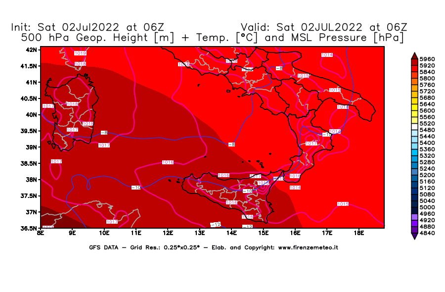 GFS analysi map - Geopotential [m] + Temp. [°C] at 500 hPa + Sea Level Pressure [hPa] in Southern Italy
									on 02/07/2022 06 <!--googleoff: index-->UTC<!--googleon: index-->