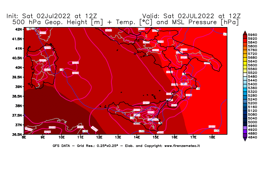GFS analysi map - Geopotential [m] + Temp. [°C] at 500 hPa + Sea Level Pressure [hPa] in Southern Italy
									on 02/07/2022 12 <!--googleoff: index-->UTC<!--googleon: index-->