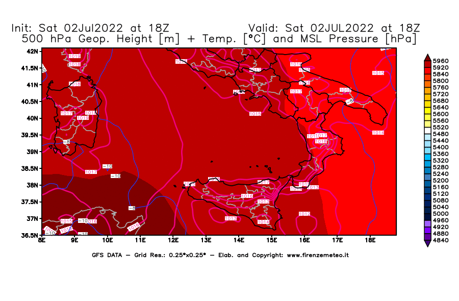 GFS analysi map - Geopotential [m] + Temp. [°C] at 500 hPa + Sea Level Pressure [hPa] in Southern Italy
									on 02/07/2022 18 <!--googleoff: index-->UTC<!--googleon: index-->