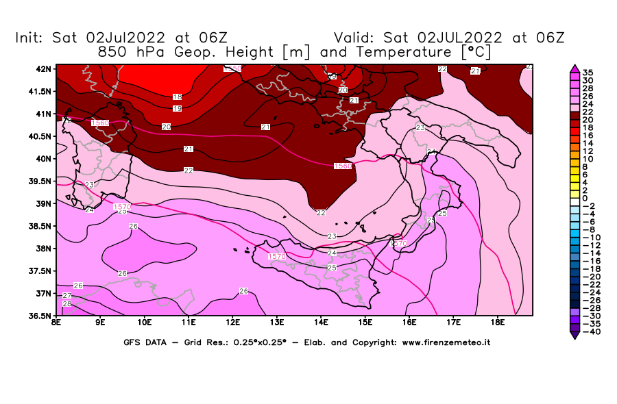 GFS analysi map - Geopotential [m] and Temperature [°C] at 850 hPa in Southern Italy
									on 02/07/2022 06 <!--googleoff: index-->UTC<!--googleon: index-->