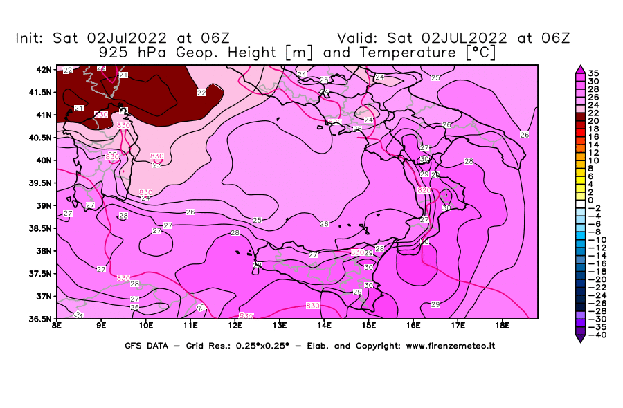 GFS analysi map - Geopotential [m] and Temperature [°C] at 925 hPa in Southern Italy
									on 02/07/2022 06 <!--googleoff: index-->UTC<!--googleon: index-->
