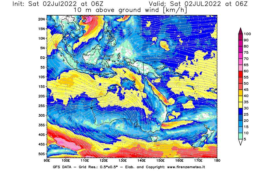 GFS analysi map - Wind Speed at 10 m above ground [km/h] in Oceania
									on 02/07/2022 06 <!--googleoff: index-->UTC<!--googleon: index-->