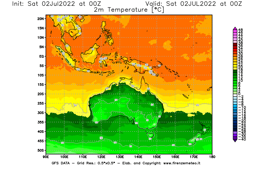 GFS analysi map - Temperature at 2 m above ground [°C] in Oceania
									on 02/07/2022 00 <!--googleoff: index-->UTC<!--googleon: index-->
