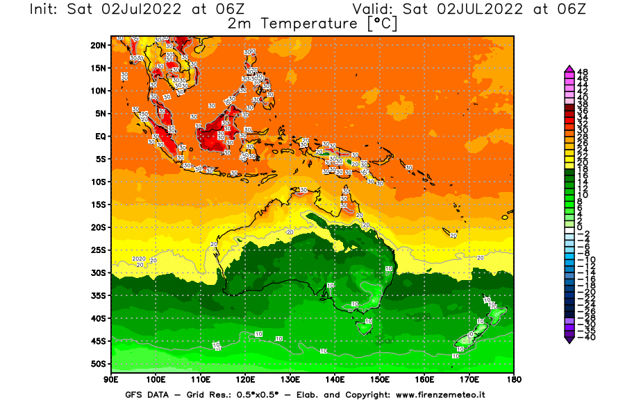 GFS analysi map - Temperature at 2 m above ground [°C] in Oceania
									on 02/07/2022 06 <!--googleoff: index-->UTC<!--googleon: index-->