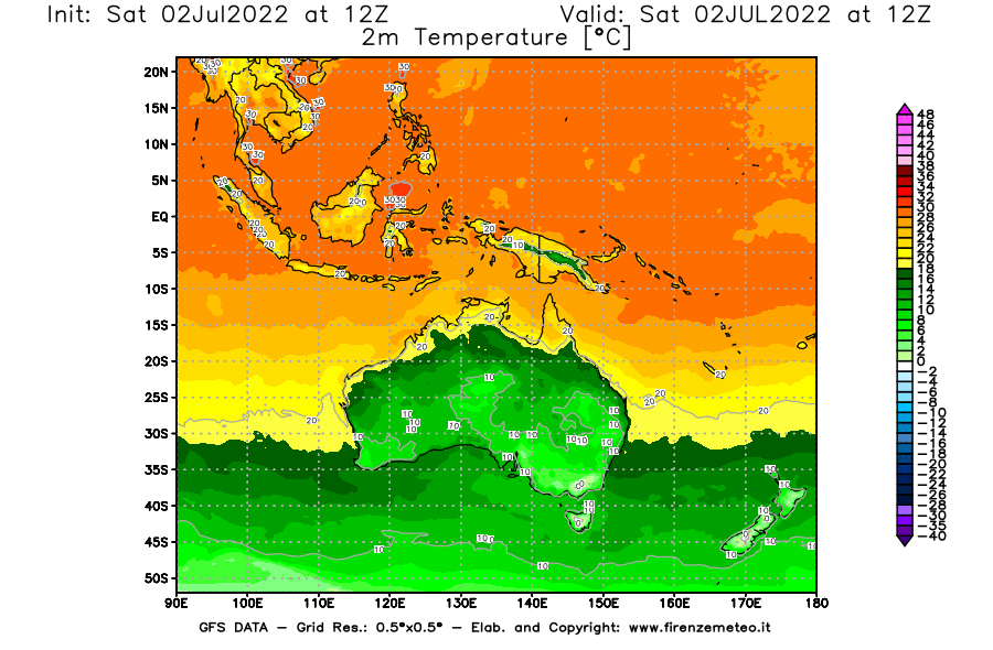 GFS analysi map - Temperature at 2 m above ground [°C] in Oceania
									on 02/07/2022 12 <!--googleoff: index-->UTC<!--googleon: index-->