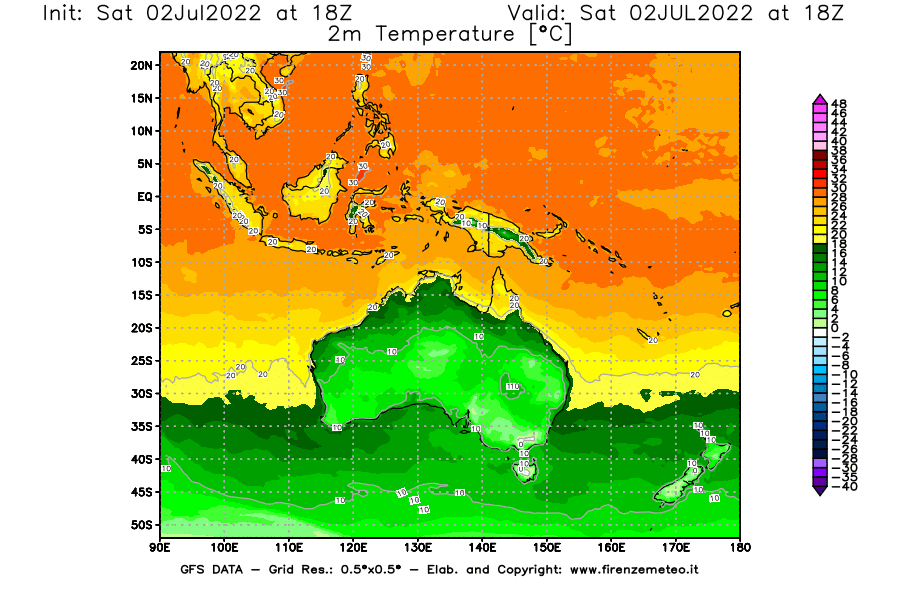 GFS analysi map - Temperature at 2 m above ground [°C] in Oceania
									on 02/07/2022 18 <!--googleoff: index-->UTC<!--googleon: index-->