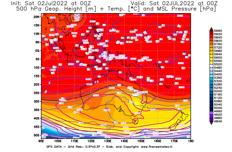 GFS analysi map - Geopotential [m] + Temp. [°C] at 500 hPa + Sea Level Pressure [hPa] in Oceania
									on 02/07/2022 00 <!--googleoff: index-->UTC<!--googleon: index-->