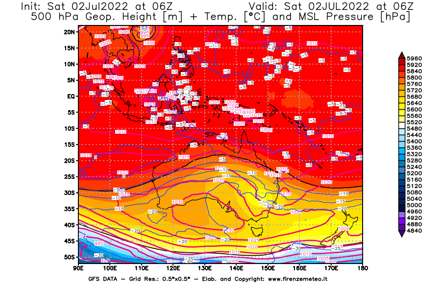 GFS analysi map - Geopotential [m] + Temp. [°C] at 500 hPa + Sea Level Pressure [hPa] in Oceania
									on 02/07/2022 06 <!--googleoff: index-->UTC<!--googleon: index-->