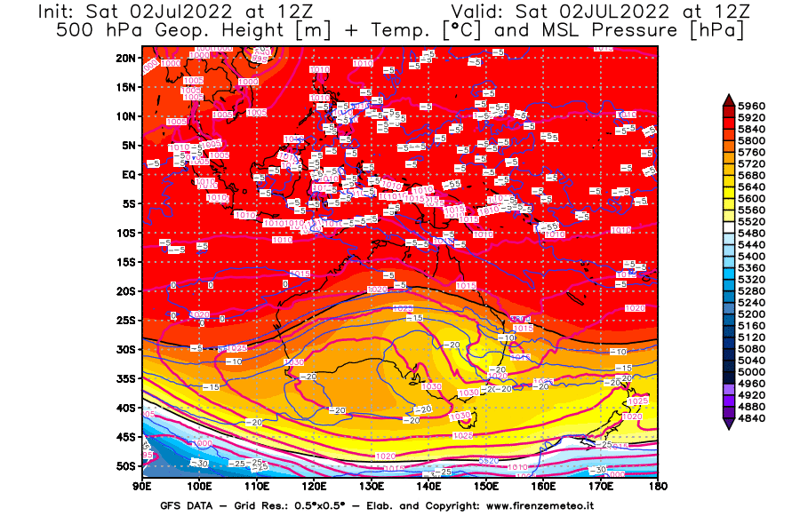 GFS analysi map - Geopotential [m] + Temp. [°C] at 500 hPa + Sea Level Pressure [hPa] in Oceania
									on 02/07/2022 12 <!--googleoff: index-->UTC<!--googleon: index-->