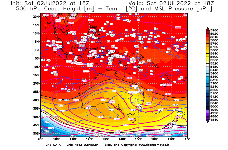 GFS analysi map - Geopotential [m] + Temp. [°C] at 500 hPa + Sea Level Pressure [hPa] in Oceania
									on 02/07/2022 18 <!--googleoff: index-->UTC<!--googleon: index-->