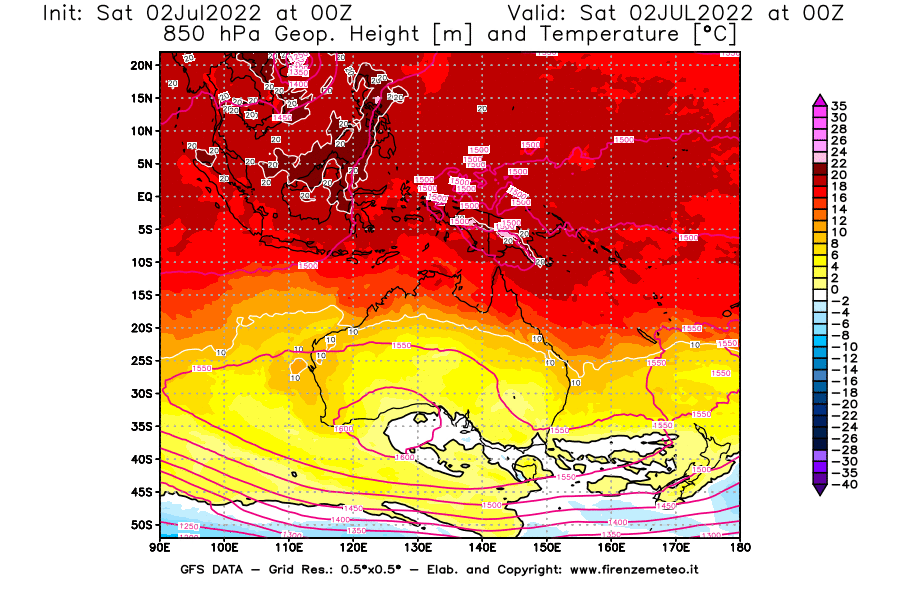 GFS analysi map - Geopotential [m] and Temperature [°C] at 850 hPa in Oceania
									on 02/07/2022 00 <!--googleoff: index-->UTC<!--googleon: index-->