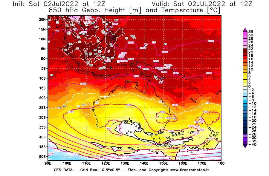 GFS analysi map - Geopotential [m] and Temperature [°C] at 850 hPa in Oceania
									on 02/07/2022 12 <!--googleoff: index-->UTC<!--googleon: index-->