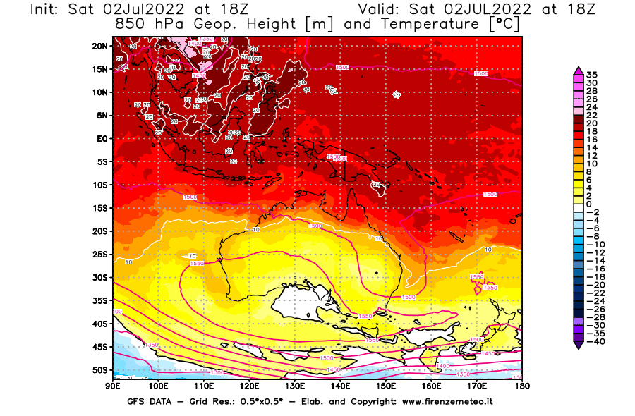 GFS analysi map - Geopotential [m] and Temperature [°C] at 850 hPa in Oceania
									on 02/07/2022 18 <!--googleoff: index-->UTC<!--googleon: index-->